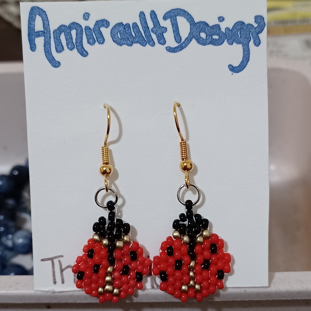 Flat beaded ladybug earrings